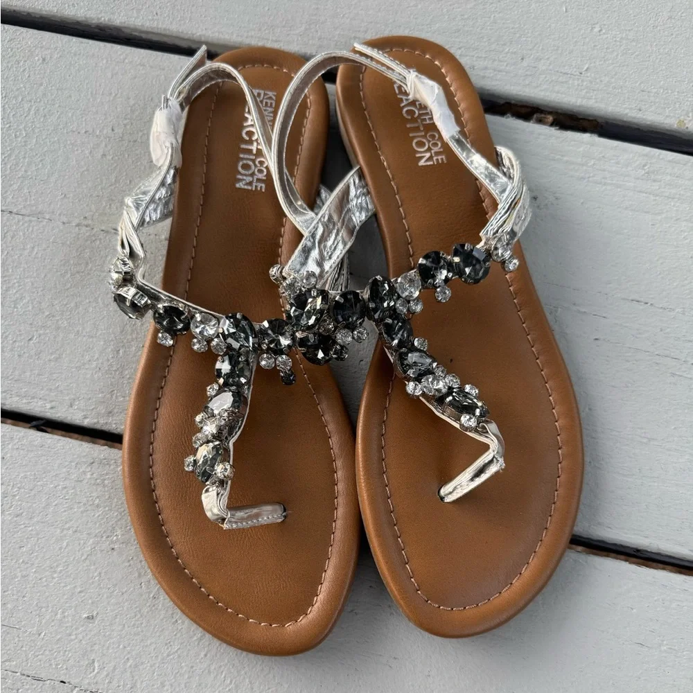 Kenneth Cole Reaction Women’s Drag Fire Sandals – Silver Crystal Thong Style S/8 - Picture 4 of 12